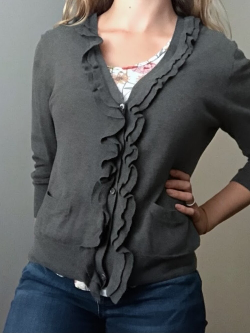 J Crew Gray Ruffle Button Front Cardigan Small